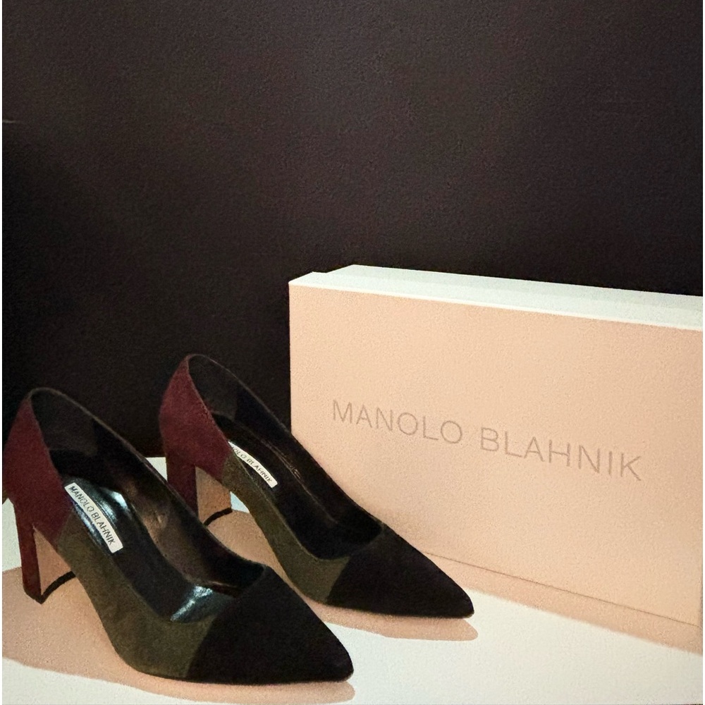 Manolo Blahnik color-block, block heel. Handmade in Italy